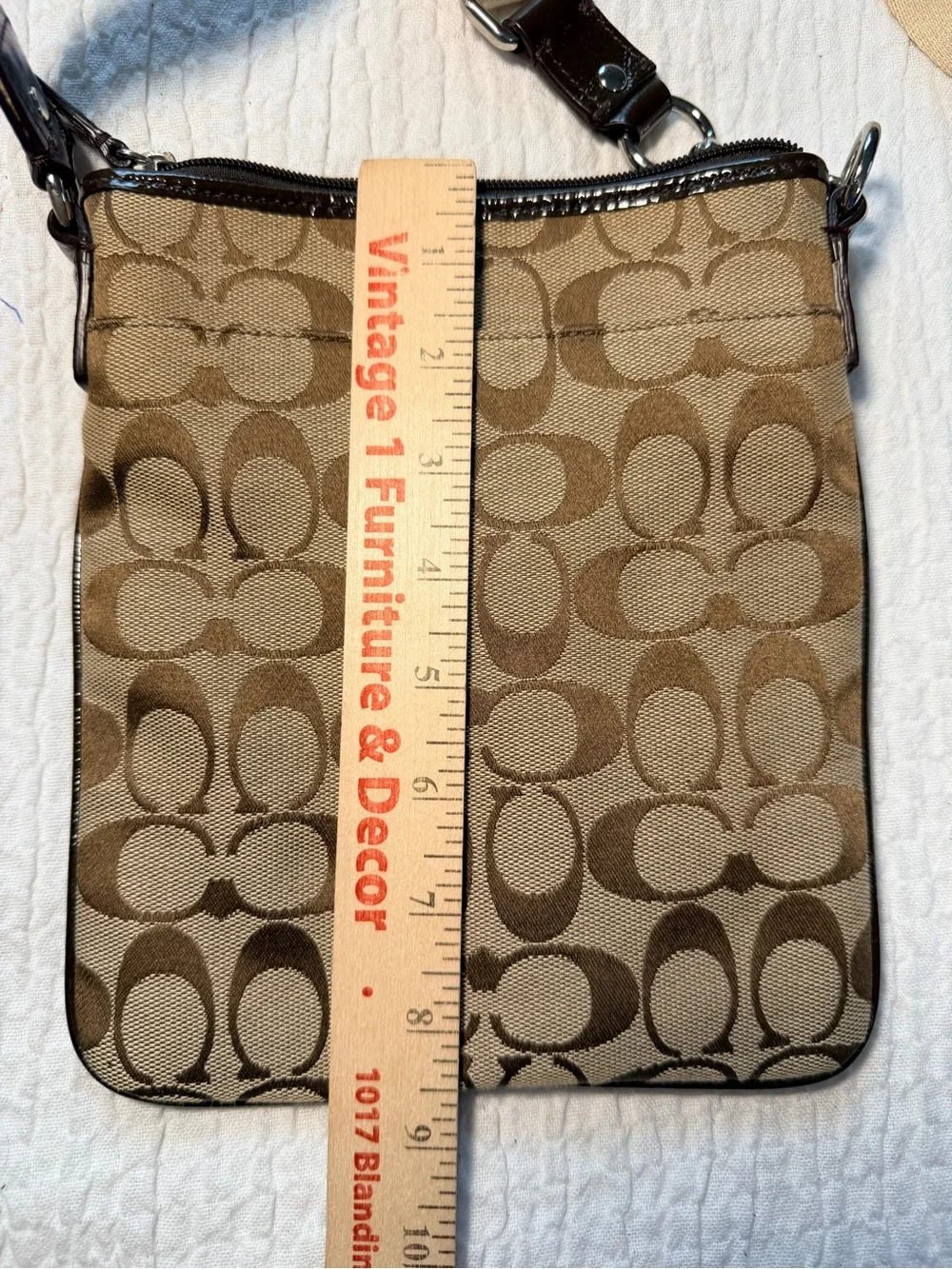 Coach Brown Signature Canvas Messenger Bag with Tan Strap